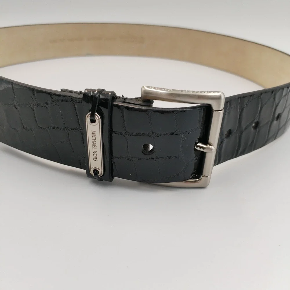 Michael Kors Women's Black Croc Embossed Leather Belt Silver Buckle Size‎ Medium